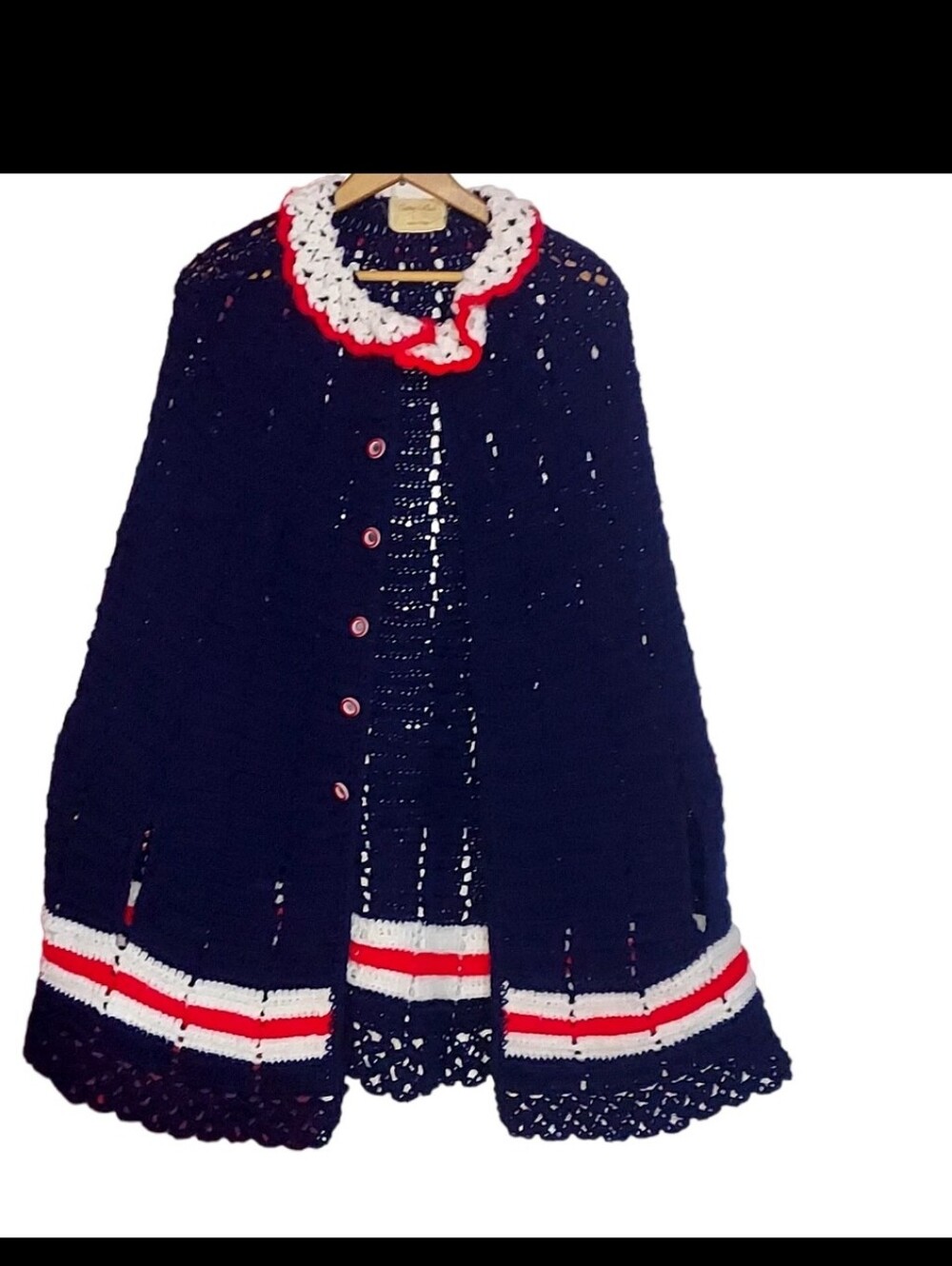 Navy BLUE Crochet Cape JACKET SWEATER Red  White Trim 4th Of JULY PATRIOTIC